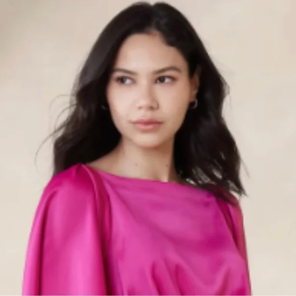 Banana Republic Satin Magenta Midi Dress Elegant Pink Flutter Sleeve Dress - Picture 11 of 13